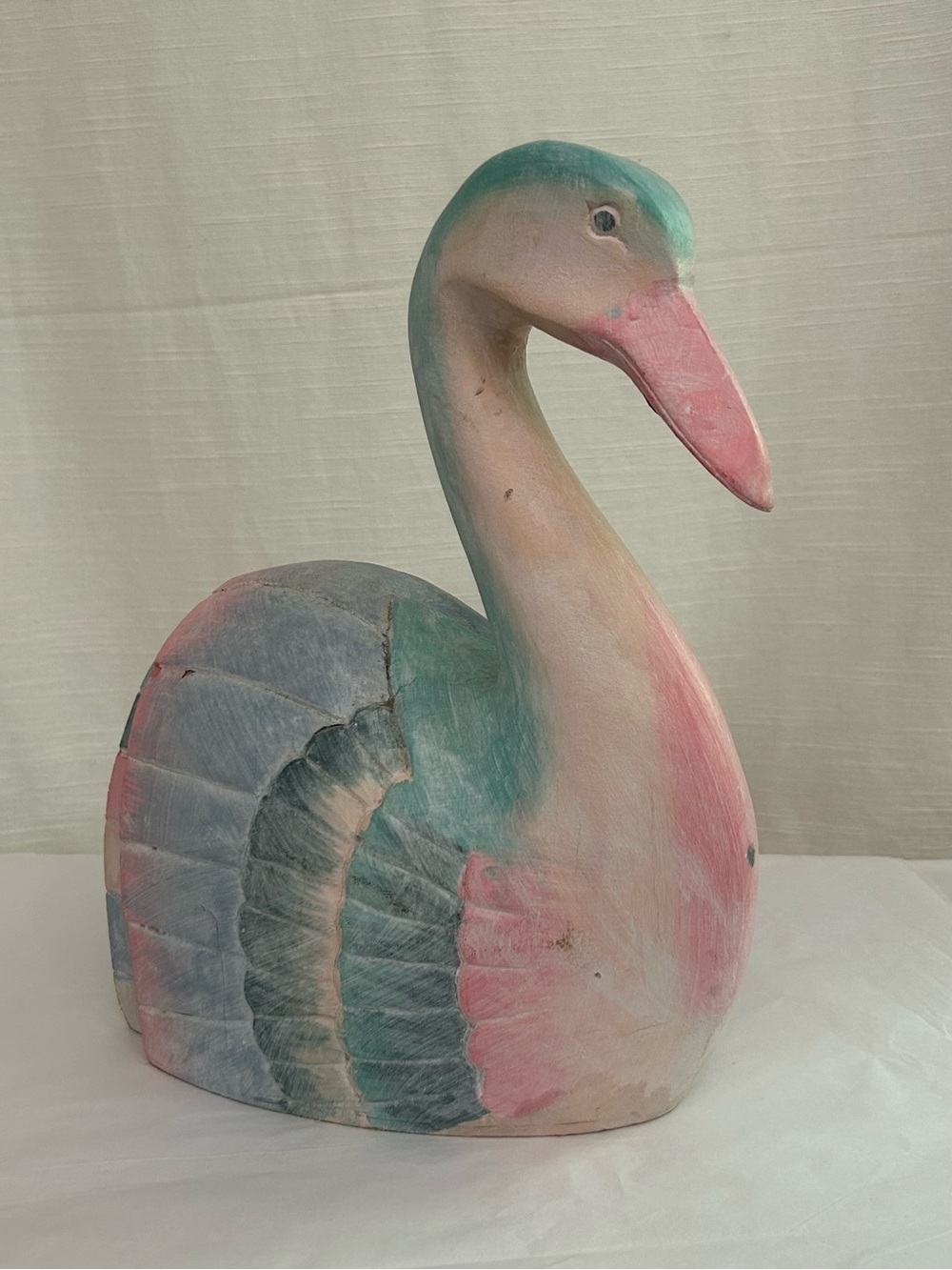 Vintage Hand-Carved and Hand-Painted Wooden‎ Swan Sculpture in Pastels
